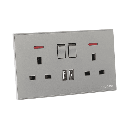 S06 Socket |13A Double + 2USB + Neon; Silver