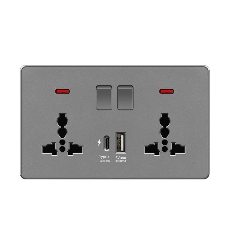 S06 Socket | 13A Double; MF + 1USB + 1 Type C + Neon; Silver