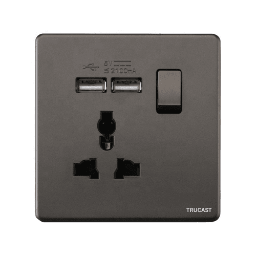 S73 Socket | 13A; MF + 2USB + Neon; Grey