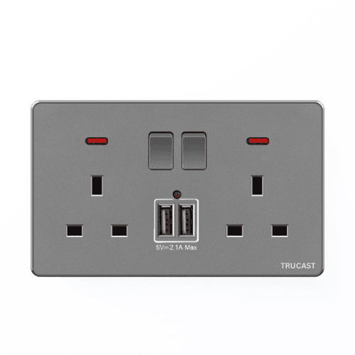S73 Socket | 13A Double + 2USB + Neon; Grey