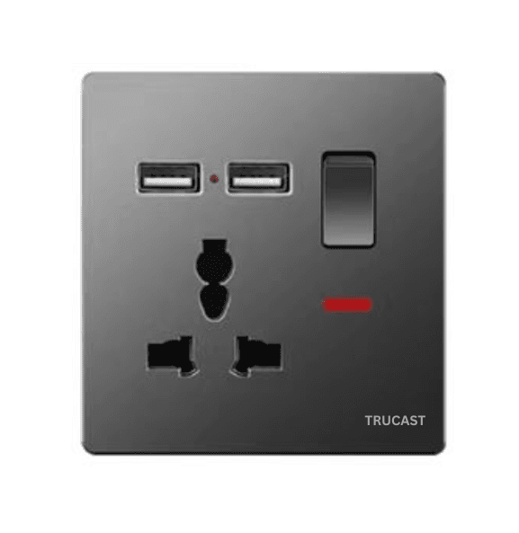 S73 Socket | 13A Double; MF + 2USB +Neon; Grey