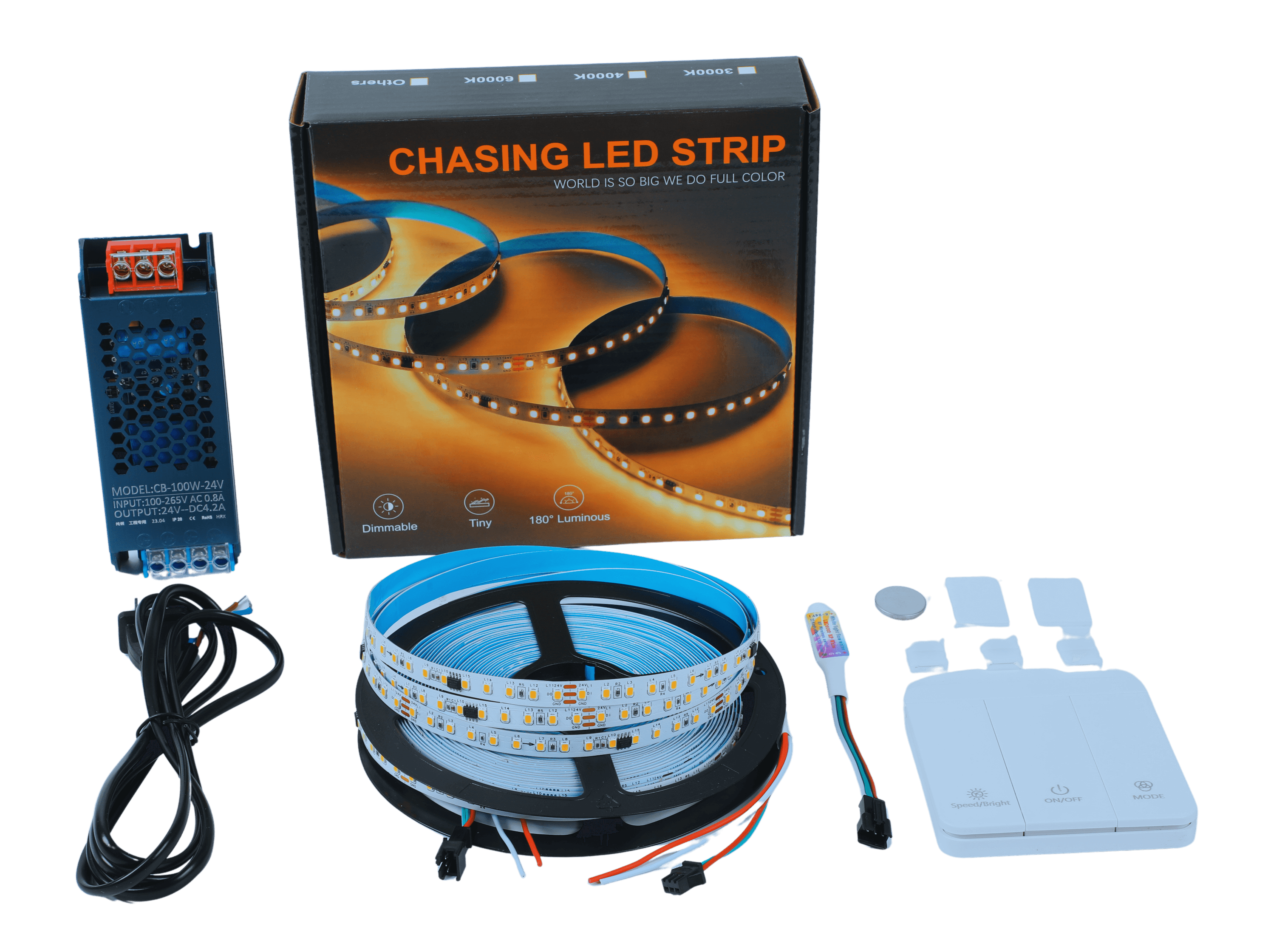 Chasing LED Strip: 10m Kit 24V Single, Warm White(3000K)